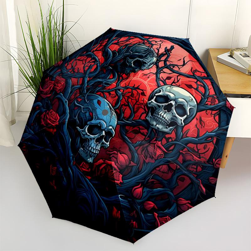 1pc Skulls Roses Fashionable Automatic Opening/Closing Folding Umbrella with 8 Bones, Windproof Portable, Daily Use120