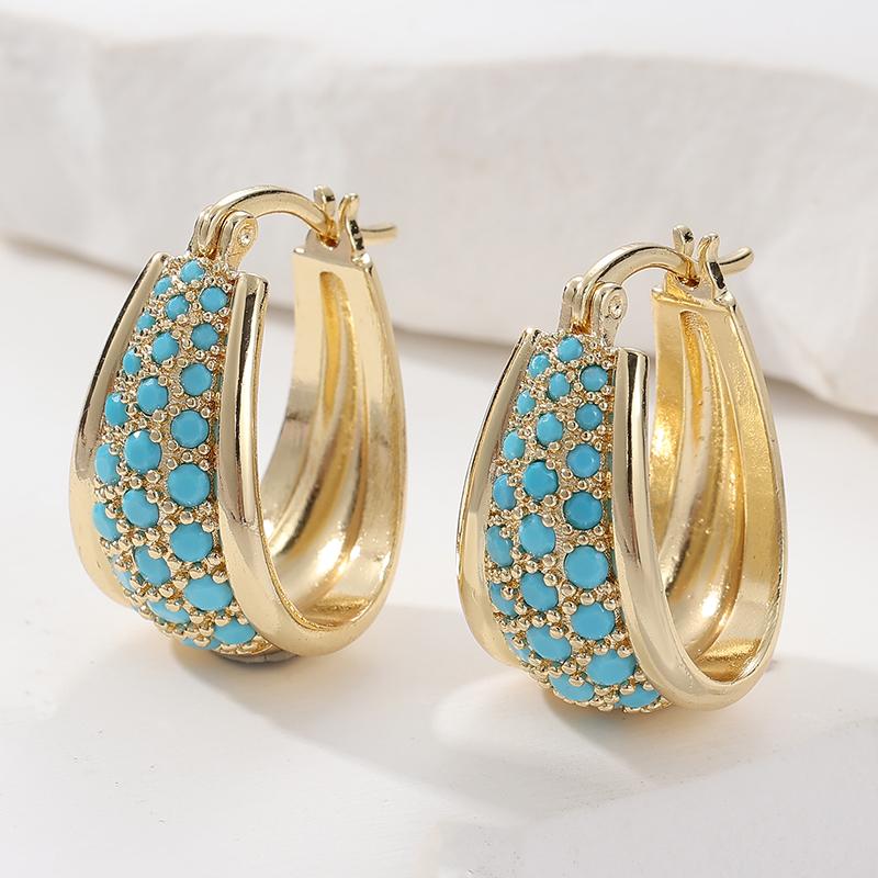 Women's Vintage Copper Material Inlaid Synthetic Turquoise Hoop Earrings Bohemian Style Elegant Golden Plated Jewelry Accessory