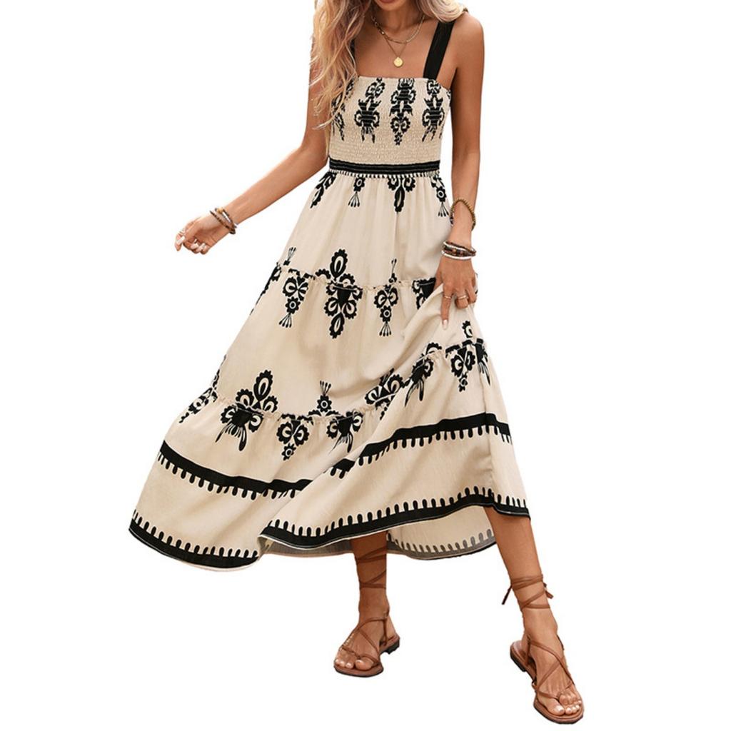 New Vintage Vacation Ethnic Print Suspender Dress European American Style Summer Beach Dress