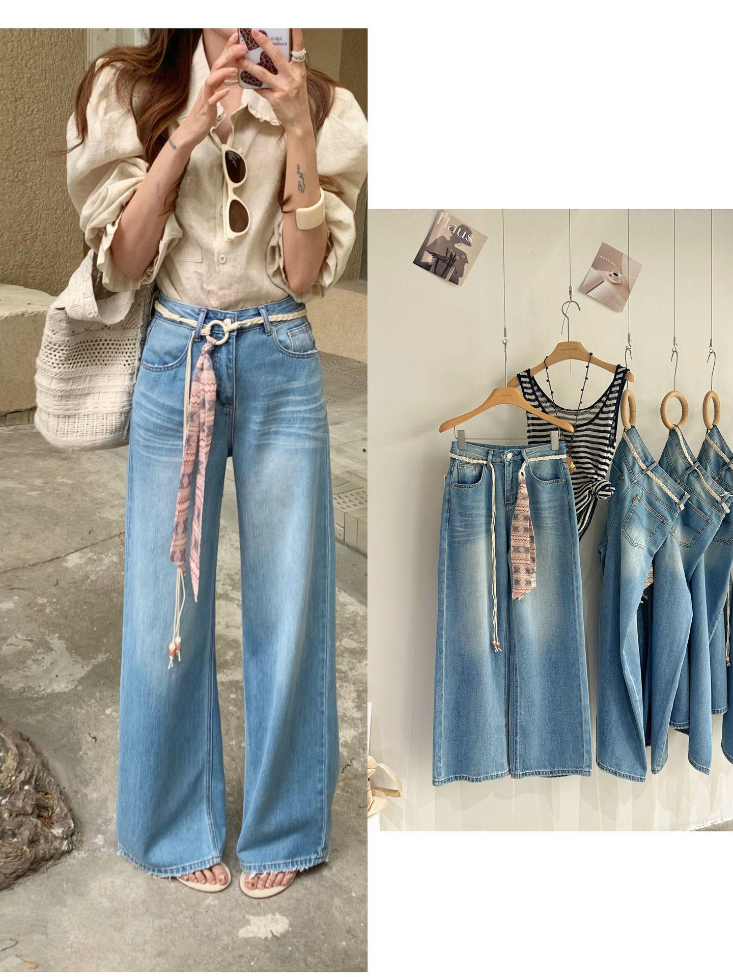 

European-Made Summer Style Wide-Leg Light-Wash Drapey Jeans with Belt 25 светло-синий