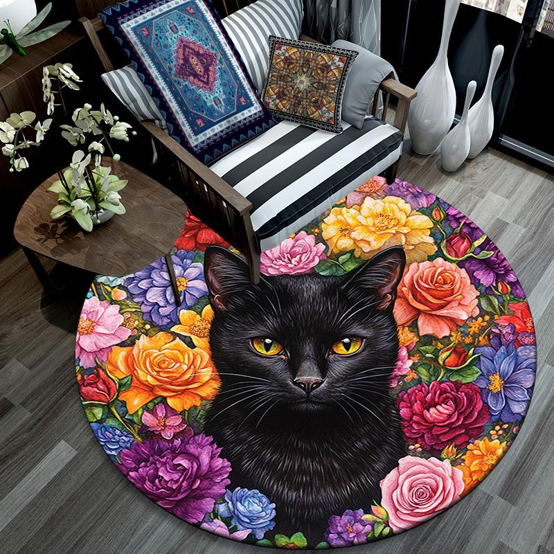 Black Cat Floral Round Area Rug,Carpet Rug for Living Room Bedroom Sofa Playroom Decor,Non-slip Floor Mat