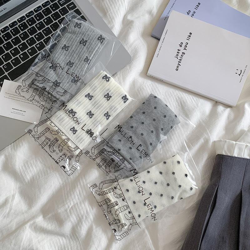 Ballet-style Bow Pile Socks, Women's Mid-calf Socks, Summer Thin Mesh Perforated Polka Dot Socks