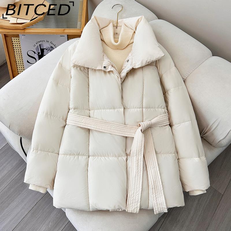 BITCED Women's Winter Thickened Collared Waist-cinched Cotton Coat Slim-fitting Solid-colour Cotton Jacket