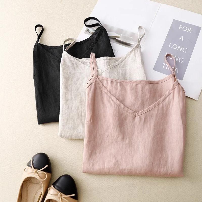 Female Summer Lightweight Cotton-Linen Layering V-Neck Spaghetti-Strap Tank Top: Sleeveless Cotton-Linen Boho-Style Top
