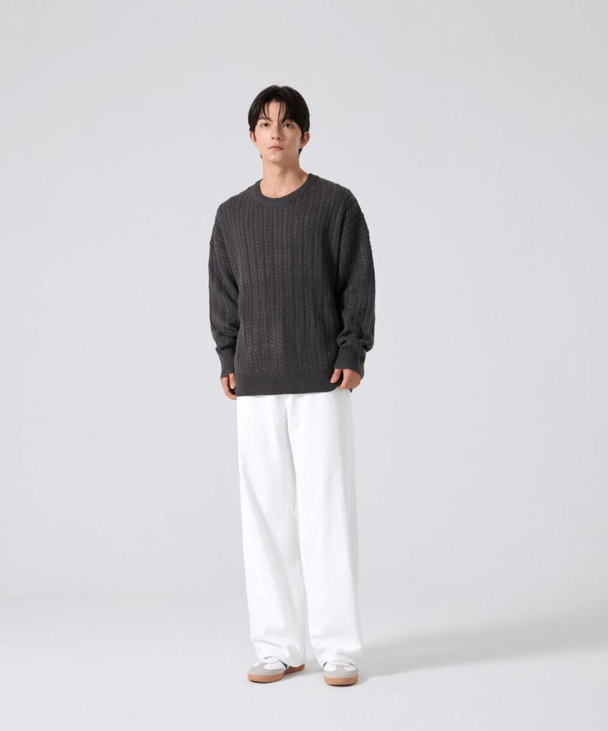 AGOD Crew Neck Oversized Cable Sweater Knit [Charcoal]