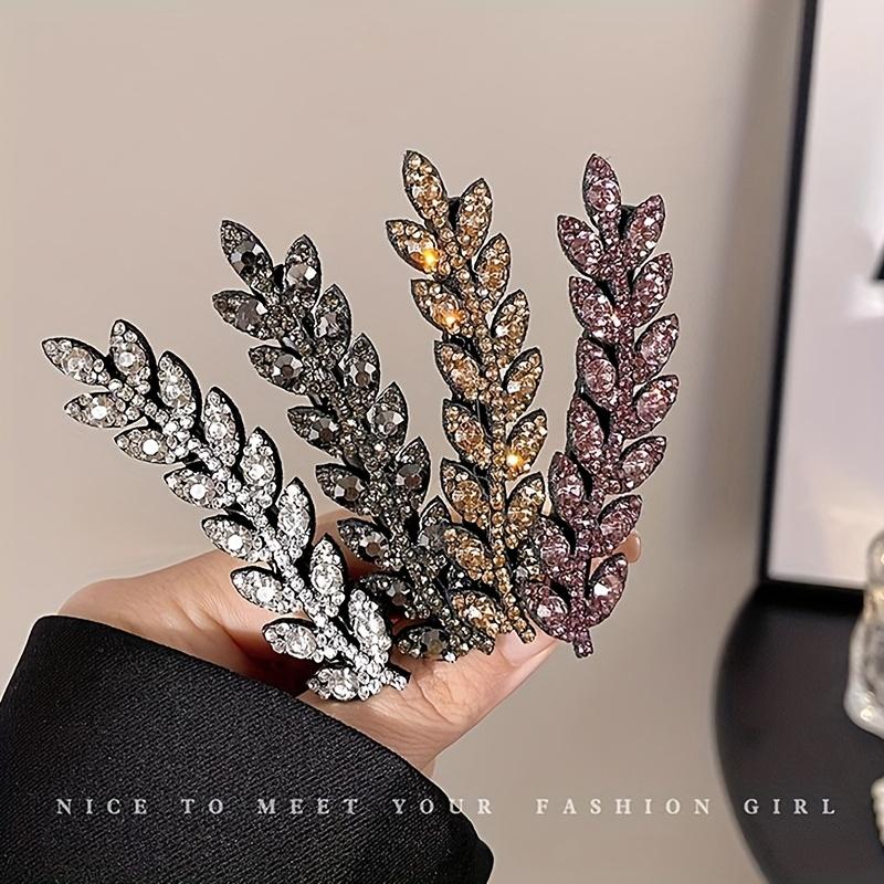Vintage Elegant Alloy Wheat Ear Hairpins Crystal Embellished Leaf-Shaped Hair Clips Solid Color Duckbill Ideal for Valentine'S Day Gift