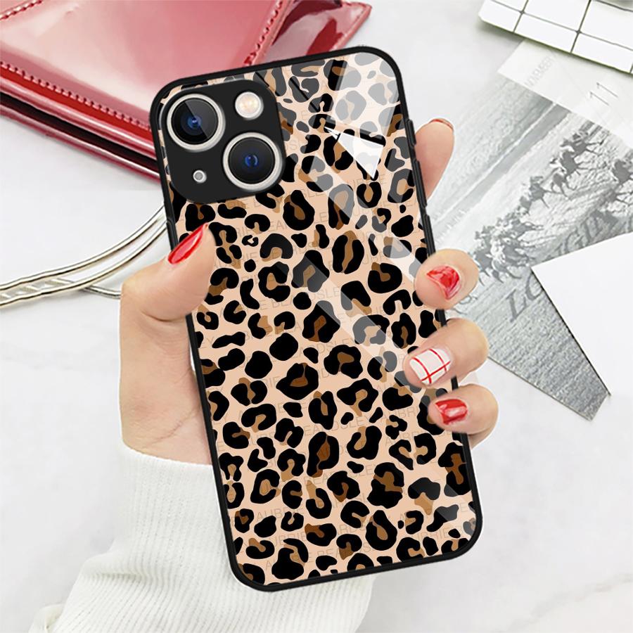 Glass Phone Cover Case for iPhone 17 Pro Max Air 16 XR 13 11 8 15 Plus 12 14 Leopard Print
