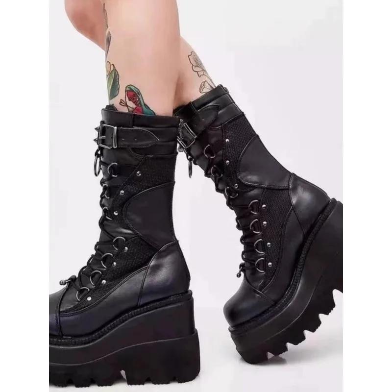 Fashion 2025 Autumn Platform Mid-calf Boots 9.5CM High Heels Women Thick Sole Winter Leather Punk Shoes Chunky Motorcycle Boots Woman