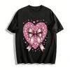 Heart Pattern Bow Decor Sweet Style Short Sleeve Top Pure Cotton T-shirt