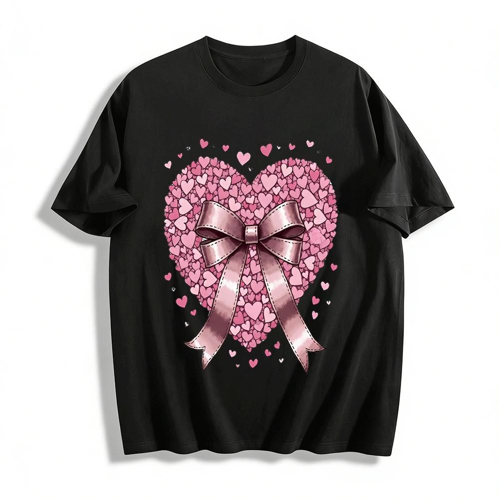Heart Pattern Bow Decor Sweet Style Short Sleeve Top Pure cotton T-shirt XXS