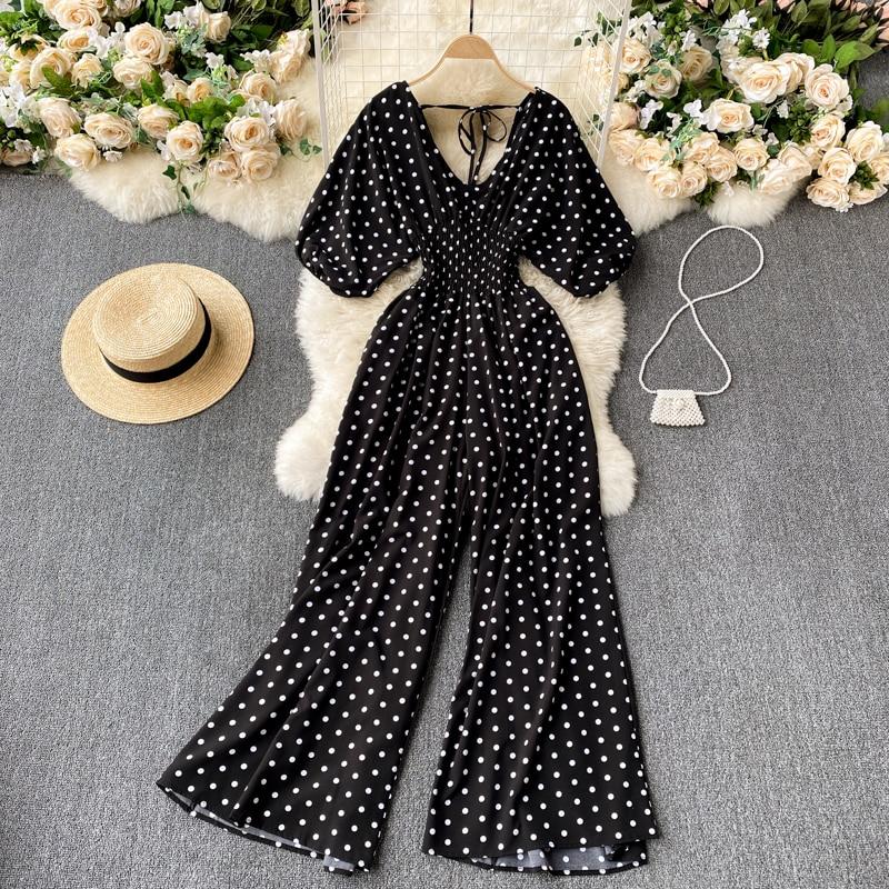 Summer Women Sexy Polka Dot Jumpsuits  Ladies Loose Wide Leg Pants Overalls Playsuits Casual Jumpsuits