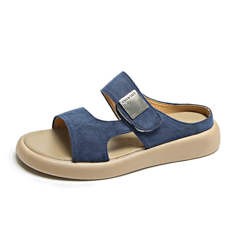 Tjocksulade matta platt-sulade enords tofflor för dam 2024 sommar nya öppen tå muffin mjuk-sulade kardborre mångsidiga sandaler