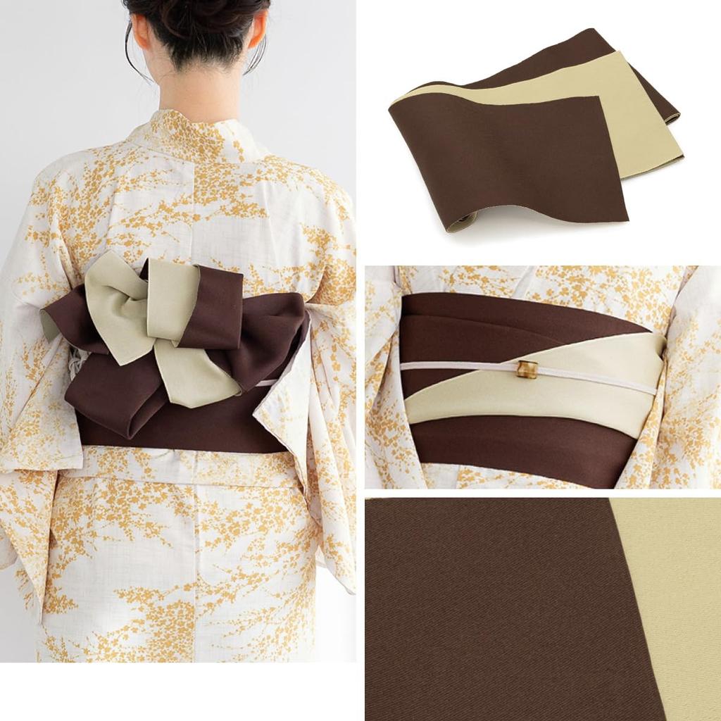 SOUBIEN Yukata Set und Geta Kostenlos Weiß und Mimose x Damen 3-teilig (Yukata, Halber Obi, Sandalen), Größe, Braun, ykt10068-obh02514