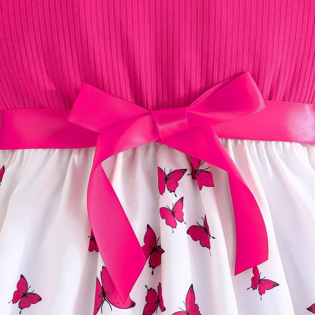 Girls' Sleeveless Butterfly Print Dress & Belt Set