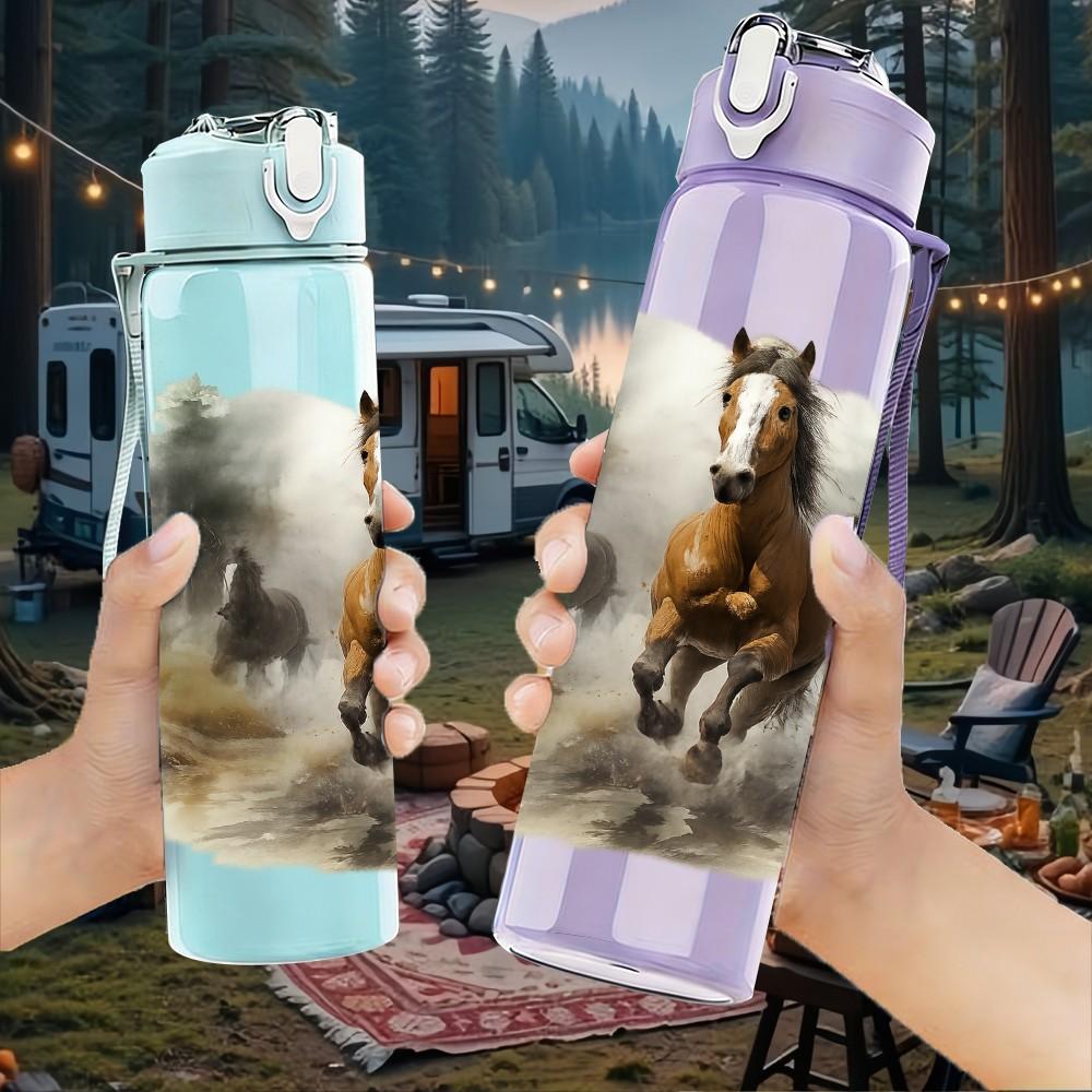 1PC Horse Misty Forest Landscape 750ml Color Plastic Sports Water Bottle Leakproof Flip Straw Lid Suitable for Sports Office Home Use