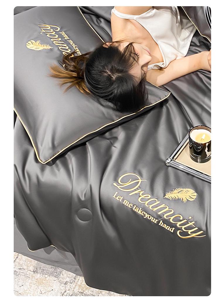 Gewaschenes Seiden-Tencel Sommer-Steppbett-Set - Besticktes Eis-Seiden-Vierteiler