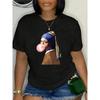 Women's Creative Print T-shirt, Round Neck, Short Sleeves, Casual Fashion, Loose Fit, Elegant Vintage Top