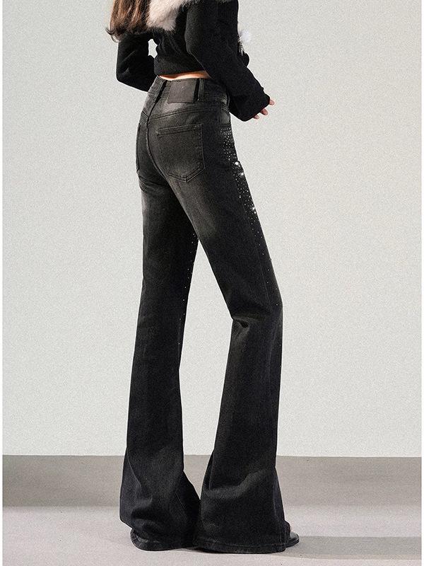 Women's Retro Rhinestone Star Denim Flare Pants