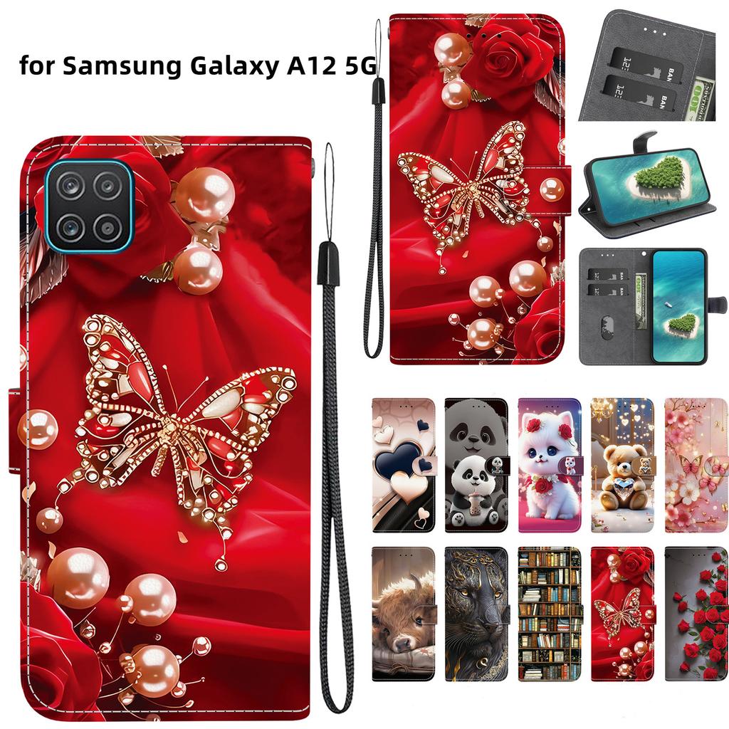 Handgefertigte PU-Leder-Flip-Hülle für Samsung Galaxy A12 5G Rutschfeste Stoßfeste Hülle mit Handschlaufe & Herz/Rose Katze Designs