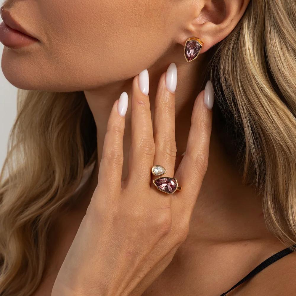 2Pcs/set New Trendy Acrylic Rhinestone Stud Earrings Ring for Women Vintage Geometric Irregular Finger Ring Jewelry Set Gifts