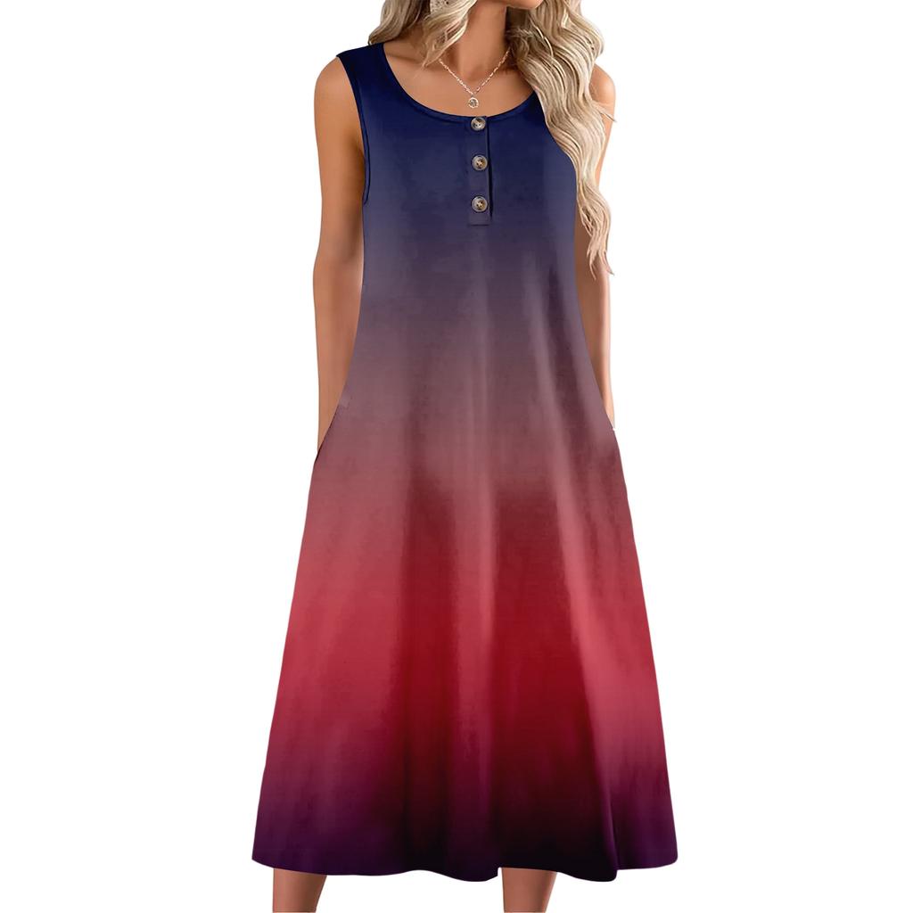 Women's fashion with pocket casual sleeveless button gradient dress