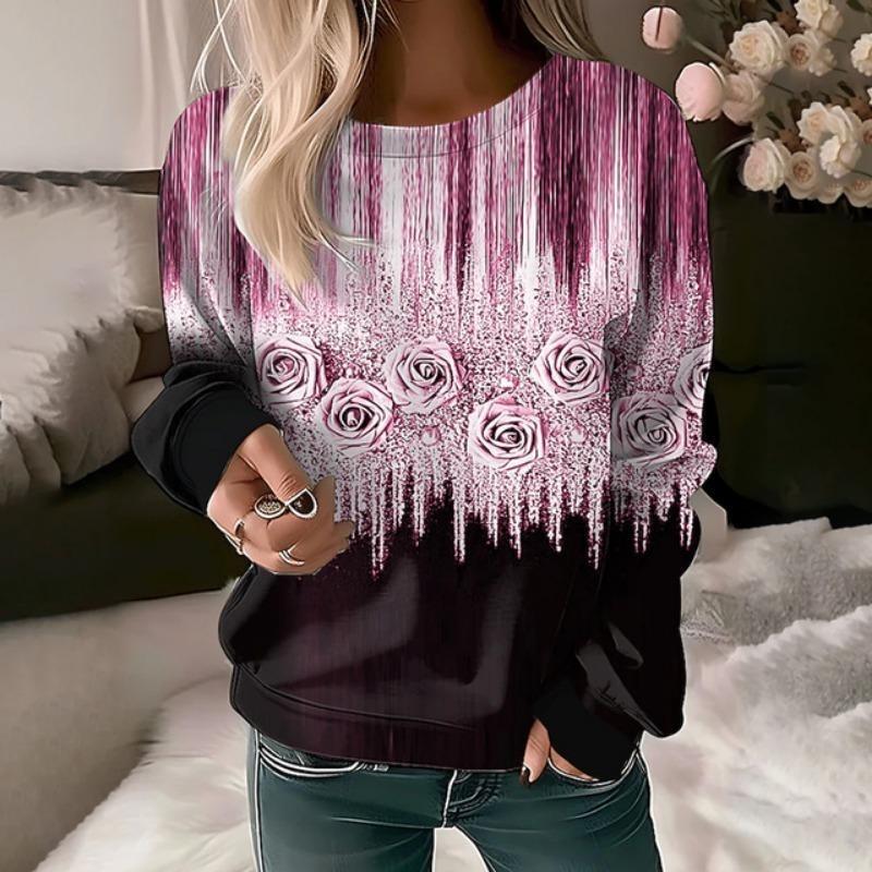 Flower Pattern Print Women's T-Shirt Long Sleeve Autumn O Neck Lady Clothes Tops Oversized Harajuku Streetwear Female Tees