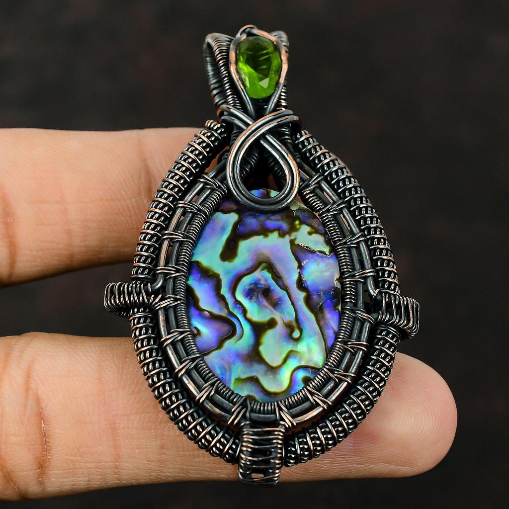 Abalone Shell Pendant Copper Wire Wrapped Pendant Gemstone Designer Jewelry Handmade Pendant Gift For Mother Peridot Pendant Copper Jewelry