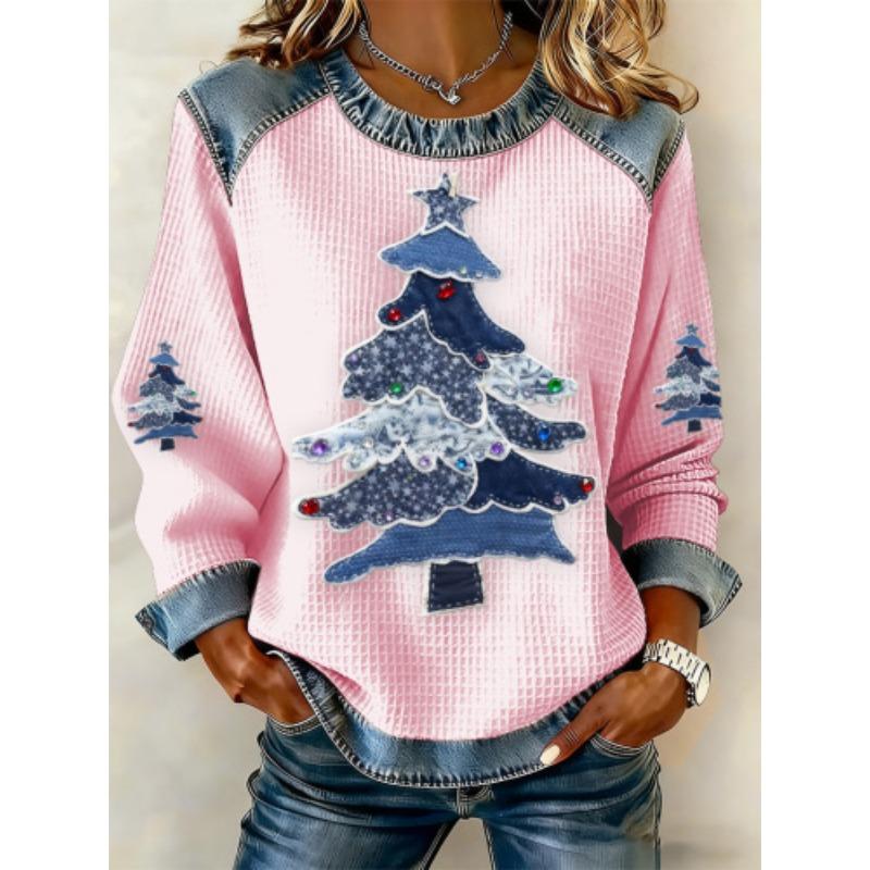 Spring Popular Women's Waffle Top with Back Neck Slit Long-sleeved Round Neck Sweatshirt