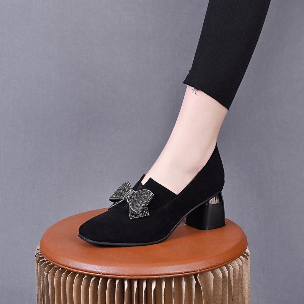 Women's single shoes spring new black bow high heels sheepskin low-top shoes women's shoes round head