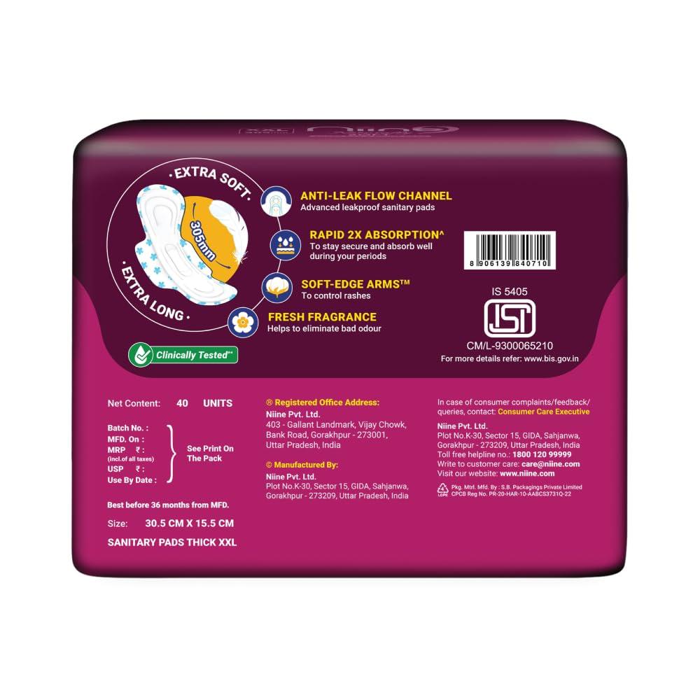 NIINE Naturally Soft XXL Sanitary Pads for Women | 40 Pads | 305MM | Cottony Soft Top Cover | Extra Coverage with Wider Back, Quick Absorption fo