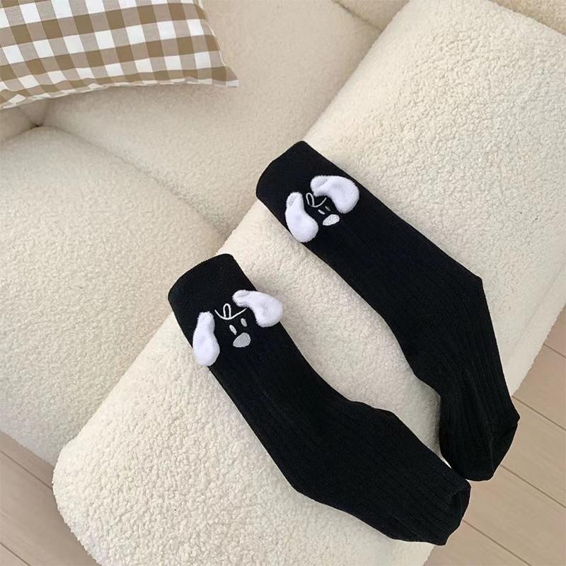 3D Doll Socks Women S Mid-Tube Socks Black And White Ears Puppy Socks Vertical Stripes Student Funny Socks as the picture