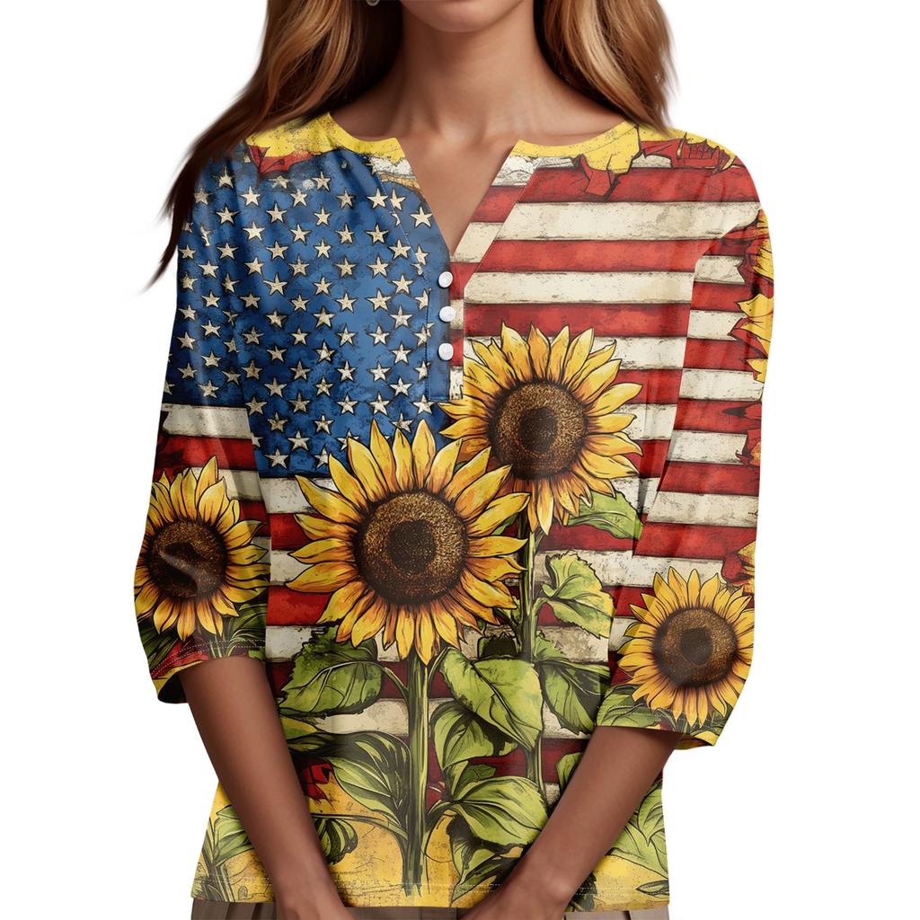 Women's T Shirt Tee Print Button 3/4 SleeveDaily Weekend Fashion Basic V- Neck Regular Top