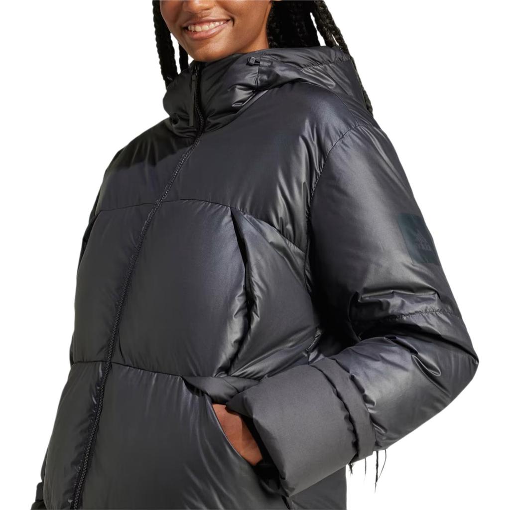 Adidas Solid Color Hooded Zipper Mid-Length Long Sleeve Down Jacket Women Outerwear Black IV9770