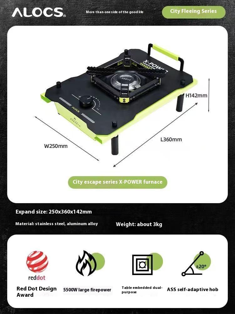 

ALOCS Портативная плита мощностью 5500 Вт — съемная горелка AAS, 4-уровневая, ветрозащитная, отделение для газового баллона, с сумкой для переноски для кемпинга/автодома/дома 360*250*142mm чёрный