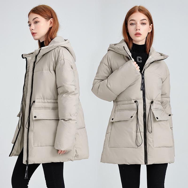Down Cottonpadded Clothes Women's Medium and Long Winter New Tooling Cottonpadded Jackets Loose Hooded Waist Cottonpadded Clothes