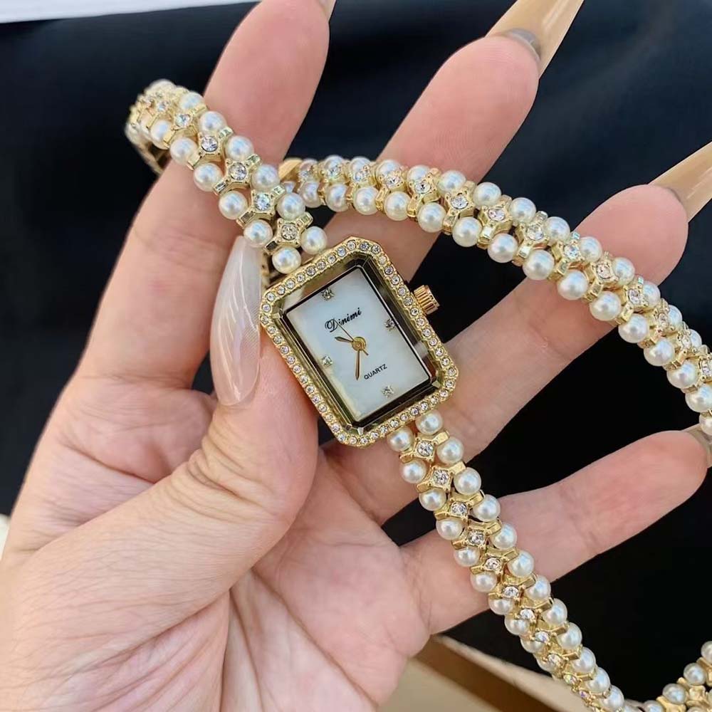Dinimi Elegant Women's Quartz Watch Mother-of-Pearl Dial Double-Coiled Extra-Long Pearl Bracelet Women's Vintage-Style Watch