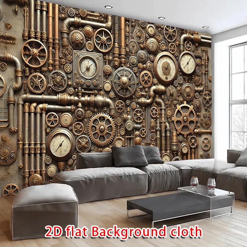 2D Flat Party Backdrop Banner - Large Steampunk Theme with Gears, Pipes & Vintage Clock