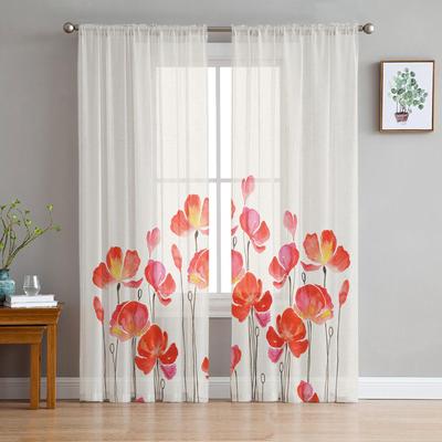 Red Watercolor Poppies Sheer Curtains For Living Room Bedroom Kids Room Tulle Window Treatment Drapes