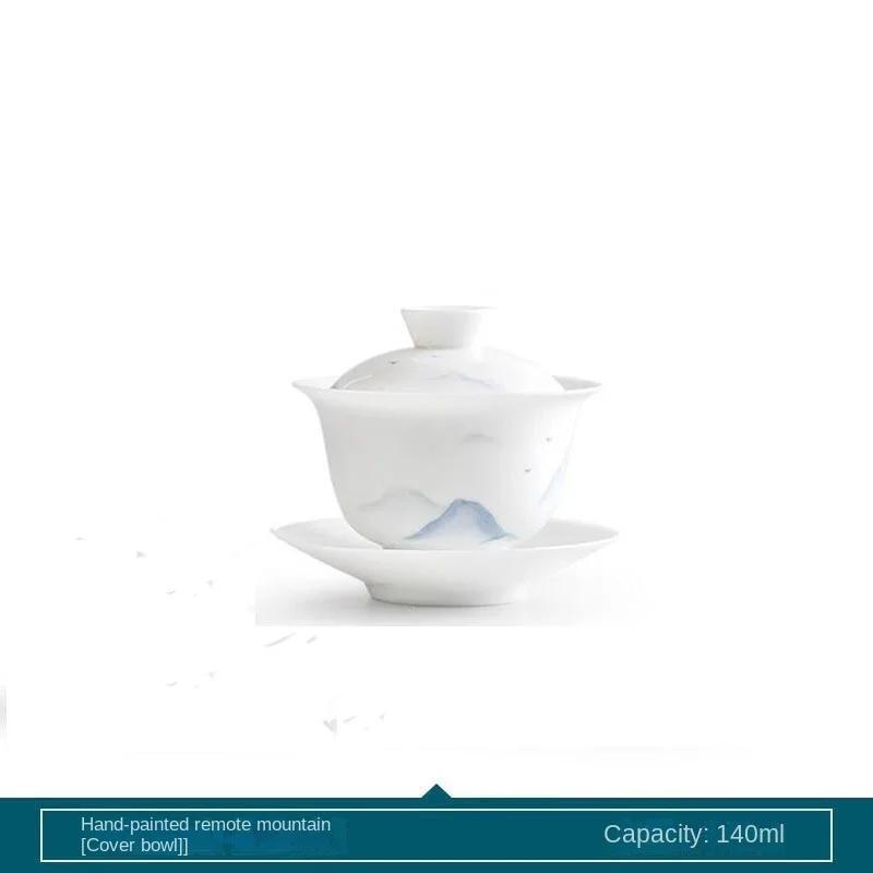 Yuanshan Hand Painted Gaiwan Ceramic Single Kung Fu Gaiwan High-End Affordable Luxury White Porcelain Tea Bowl Tea Making