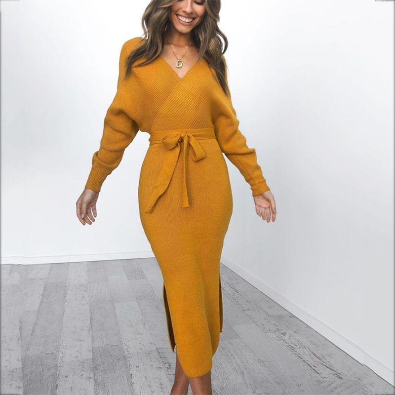 Elegant Women Winter Deep V-neck Knitted Sweater Dress With Cozy Long Sleeves