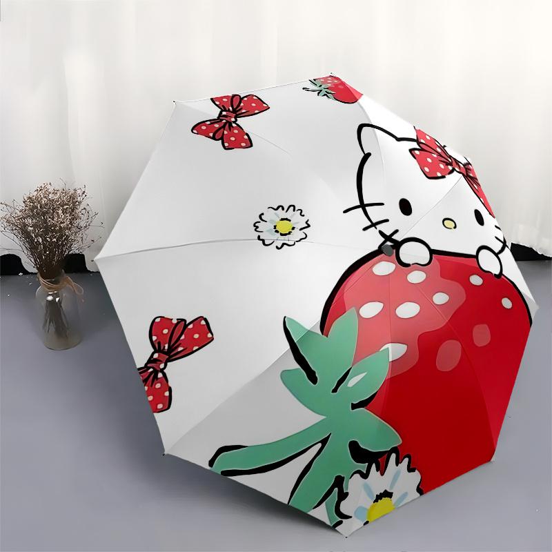 1pc Hello Kitty Strawberry Automatic Opening/Closing Umbrella - Portable Three-Fold Design with 8-Bone Iron Frame, Perfect for Outdoor Use, Festive Gi