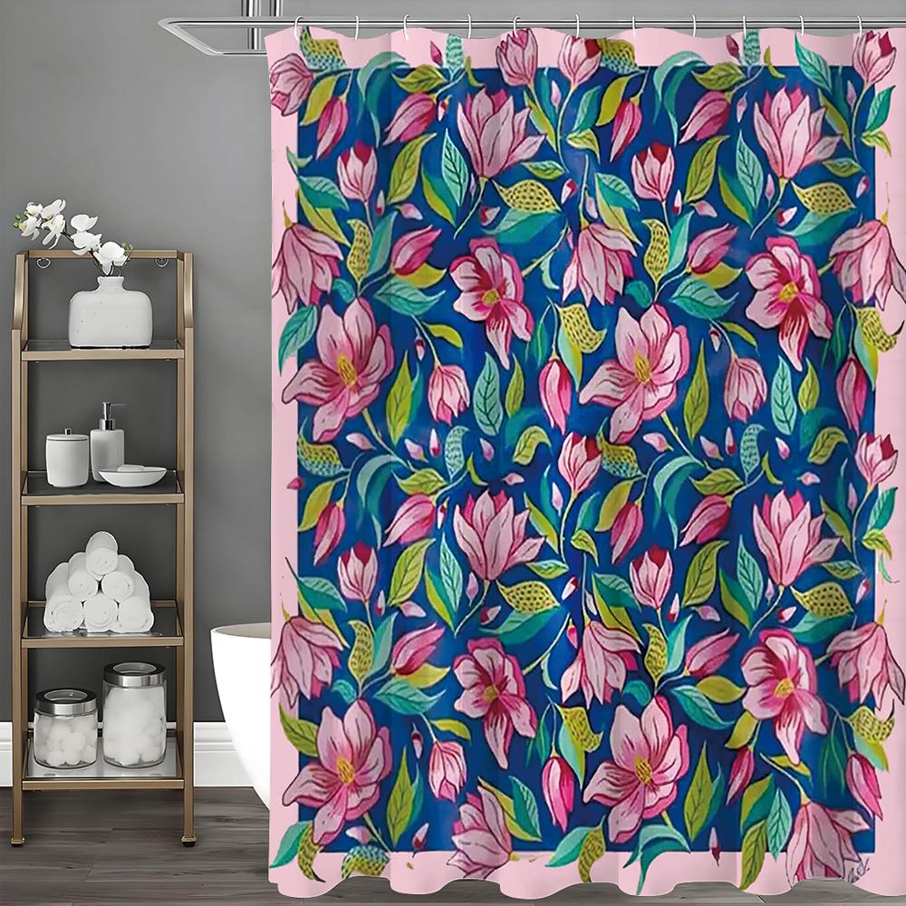 

Pink Floral Blue Background Shower Curtain, Bathroom Decorative Shower Curtain, Waterproof Shower Curtain with Hooks 90*180cm
