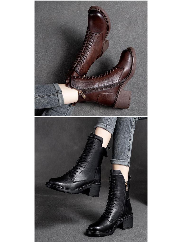 Shanghai Jie Zhou Herbstliche Stiefeletten mit runder Zehenpartie, Blockabsatz, aus Rindsleder, modische Martin Boots mit seitlichem Reißverschluss – Mittelhohe Stiefeletten