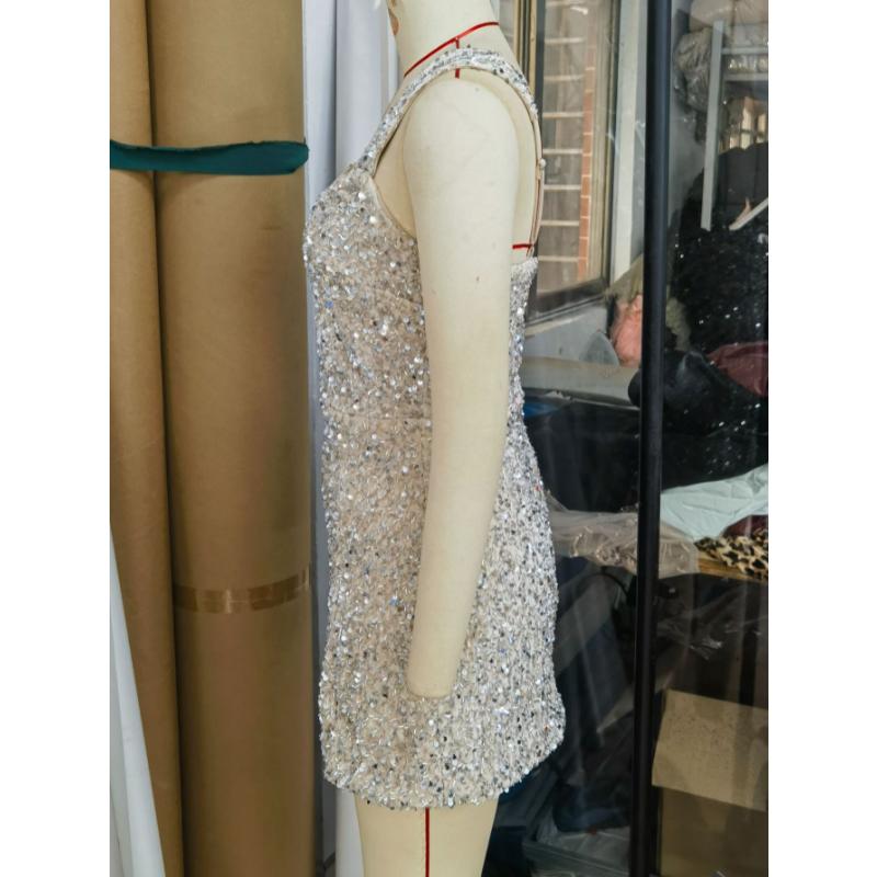 Pailletten Mini-Kleid Glitzernd Breiter Träger Quadratischer Ausschnitt Rückenfrei Bodycon Kurz Gewand Sexy Seitenschlitz Glitzer Ärmellos Geburtstagsparty Cocktail Club Kleid