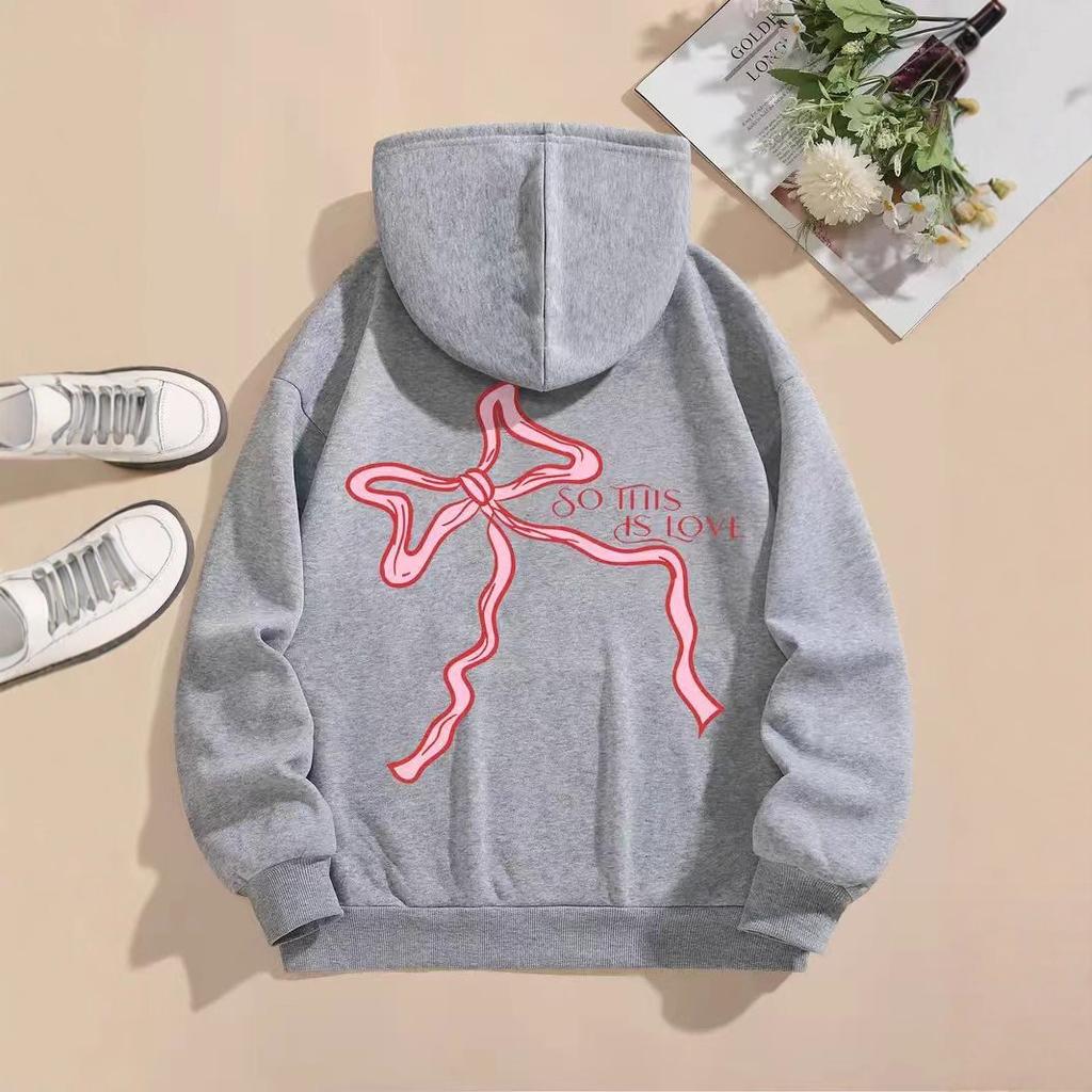 Ladies Spring Autumn Casual Hooded Long Sleeve Bowknot Printed Pullover Hoodies Sweatshirt Top