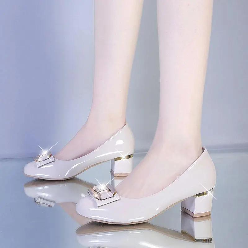 WTEMPO Solid Color Large Size Pointed Toe Slip-ons PU Pumps Women's Casual Versatile Mid Thick Heel Non-slip Work Shoes