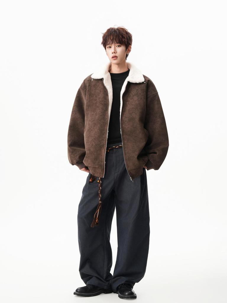 Men's Winter Barn Style Lambswool Cotton PU Leather Jacket, Thickened Warm Street Cool Workwear Coat