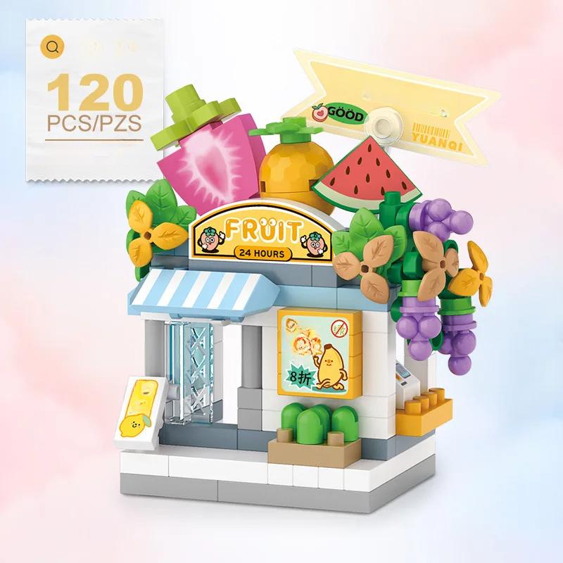Street View Restaurant Dessert Coffee Pet Fruit Store Model Building Blocks Food House Bricks Girls Gift Toys for Kids Children