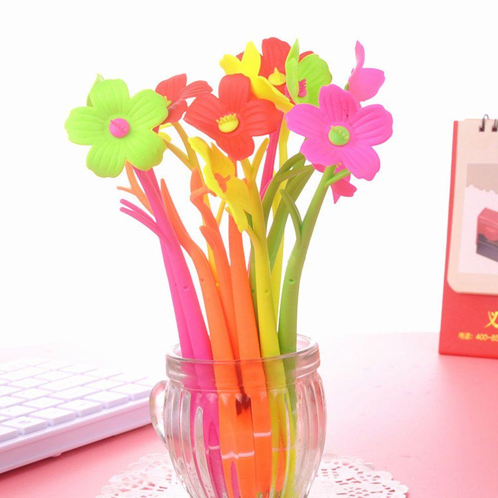5/10pcs Color Random Gifts Stationery Colorful Soft Silicone Flowers Gel Pen Black Ink Ballpoint Pen