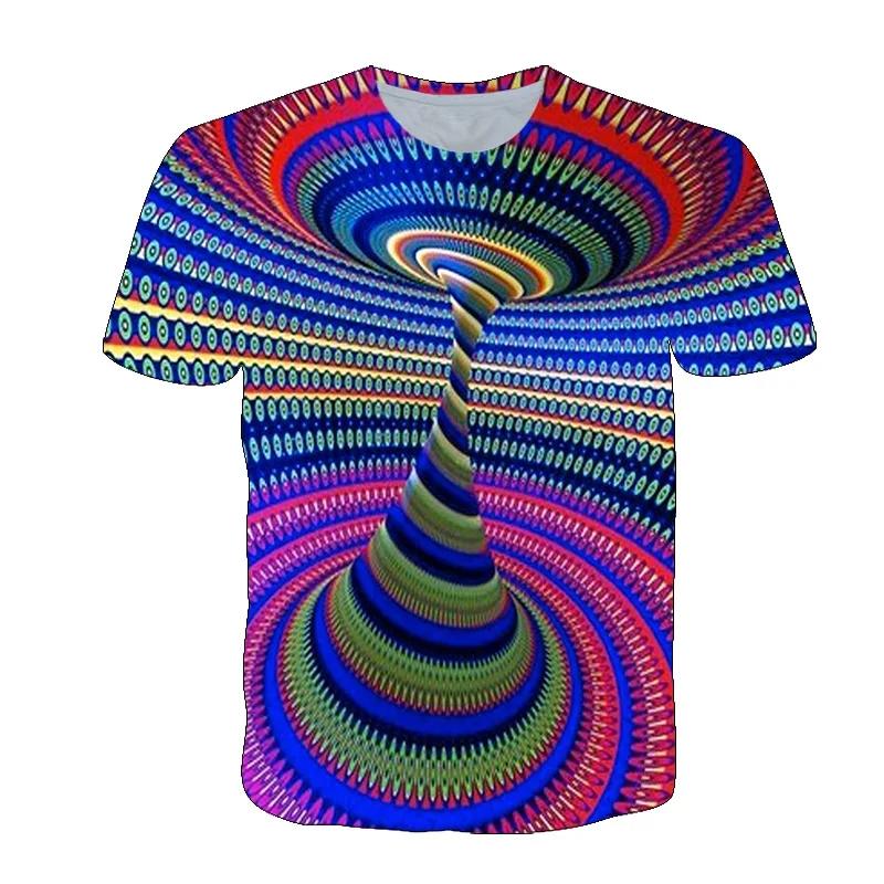 Men's summer 3D vortex printed T-shirt with fashionable psychedelic dizziness pattern trend round